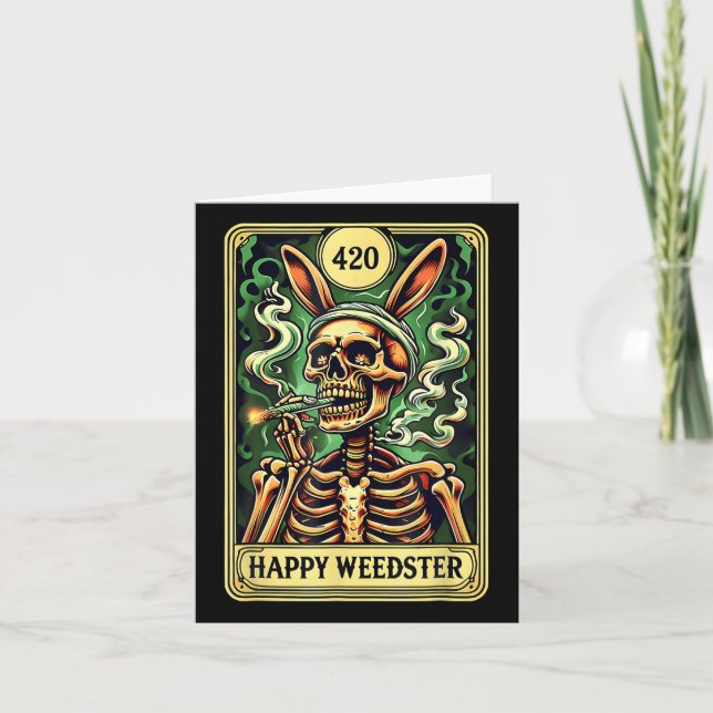 Happy Weedster Easter Skeleton Smoking Weed Tarot  Card (Front)