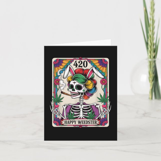 Happy Weedster Easter Skeleton Smoking Weed Tarot  Card (Front)