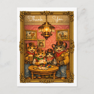 Happy Western Cowboy Cats Saloon Scene Thank You Postcard