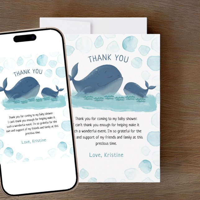 Happy Whale Watercolor Baby Shower Thank You Card (Whale Baby Shower Thank You card - order printed and/or as a digital download)