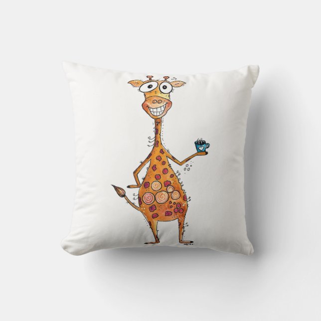 Happy Whimsical Giraffe Drinking Coffee Cushion (Front)