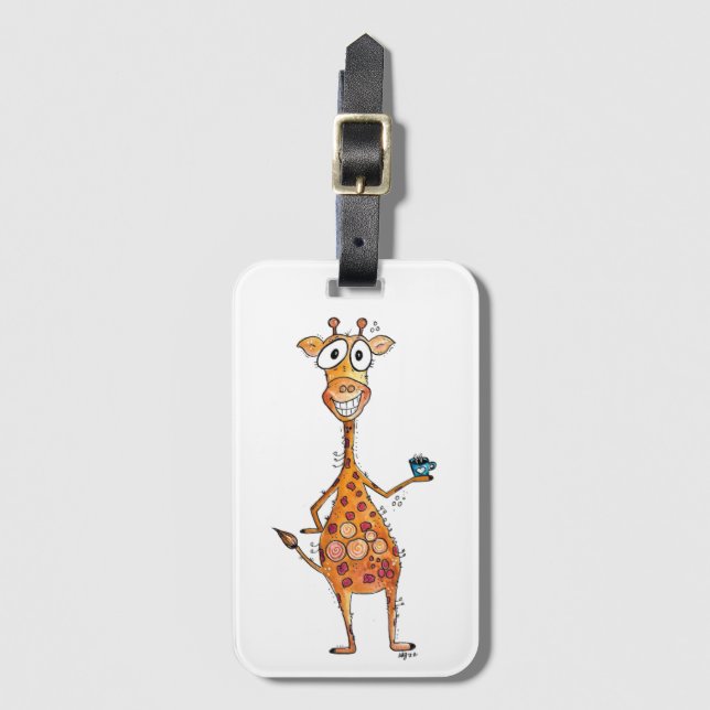 Happy Whimsical Giraffe Drinking Coffee Luggage Tag (Front Vertical)
