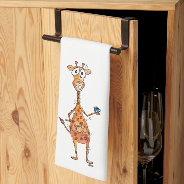 Happy Whimsical Giraffe Drinking Coffee Tea Towel (Thirds Fold)
