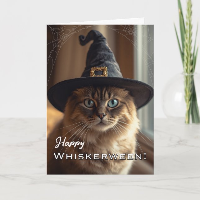 Happy Whiskerween with Halloween Witch Cat Card (Front)