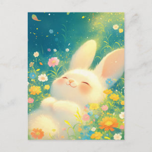 Happy White Bunny in Magical Flower Meadow Postcard