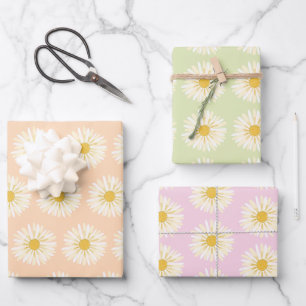 Happy White Daisies Colorful 1970s Retro Wrapping Paper Sheet
