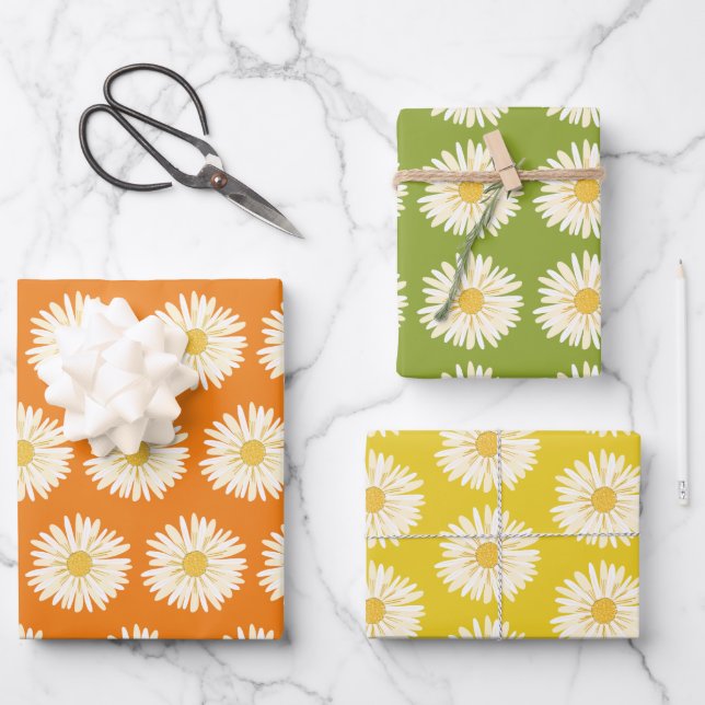 Happy White Daisies Colourful 1970s Retro Wrapping Paper Sheet (Front)