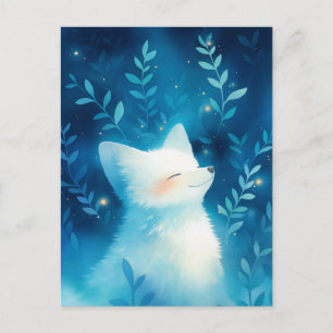 Happy White Fox in Blue Midnight Garden Postcard