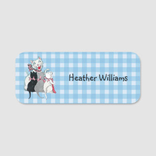 Happy White Mother Cat Three Kittens Bows Plaid Name Tag