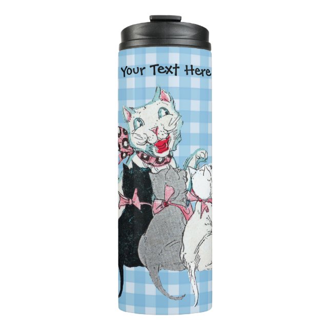 Happy White Mother Cat With three Kittens in Bows Thermal Tumbler (Front)