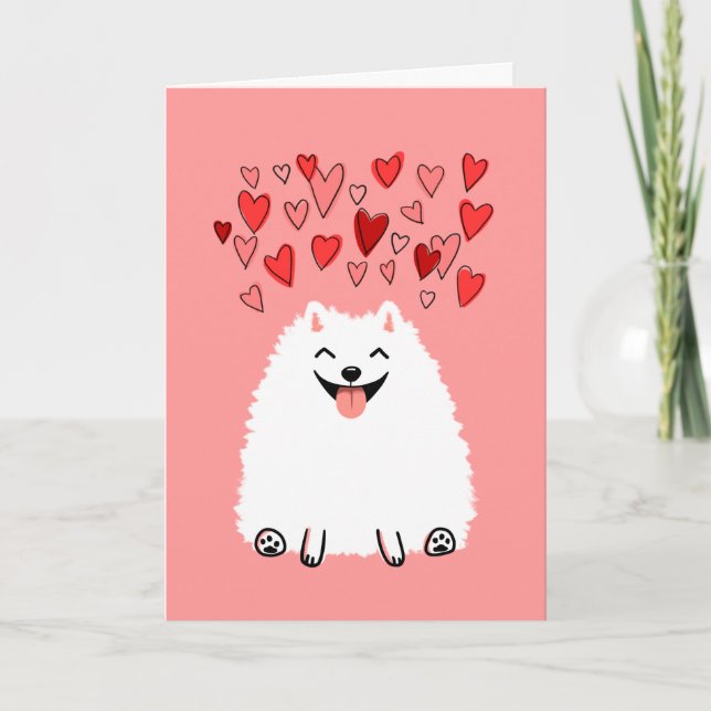 Happy White Pomeranian Dog Valentine's Day Card (Front)