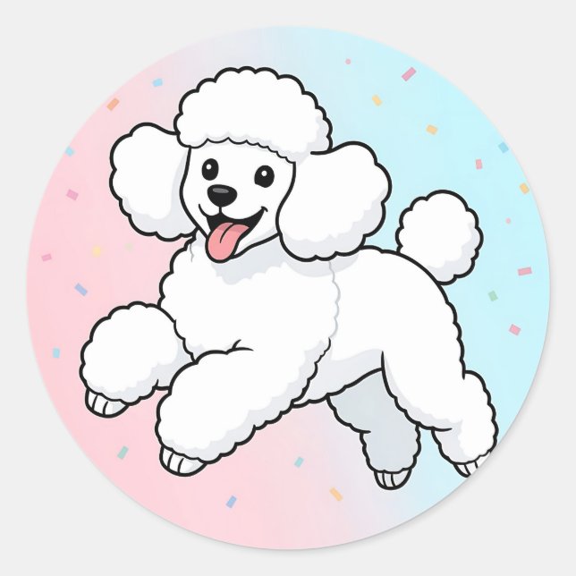 Happy White Poodle Cartoon Classic Round Sticker (Front)
