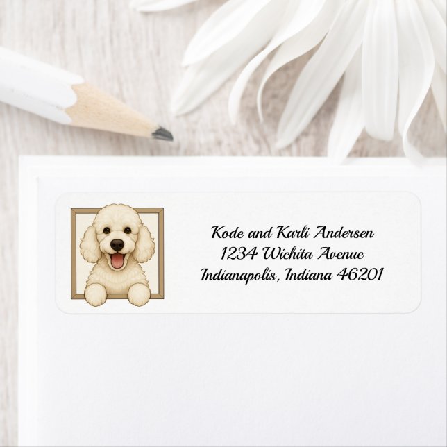 Happy White Poodle Return Address (Insitu)