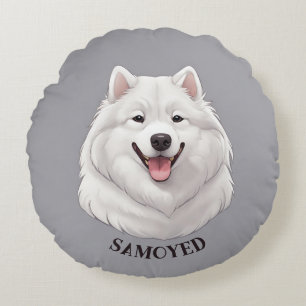 Happy White Samoyed Dog Round Cushion