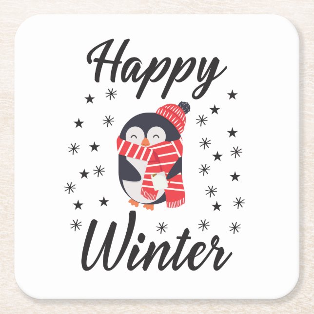 Happy Winter, Cute Penguin Square Paper Coaster (Front)