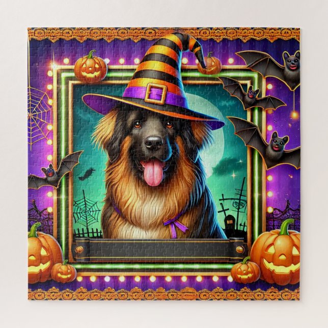 Happy Witch Dog Halloween Pumpkin Scene Jigsaw Puzzle (Vertical)