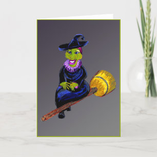 Happy Witch Flying On a Broomstick Halloween Card