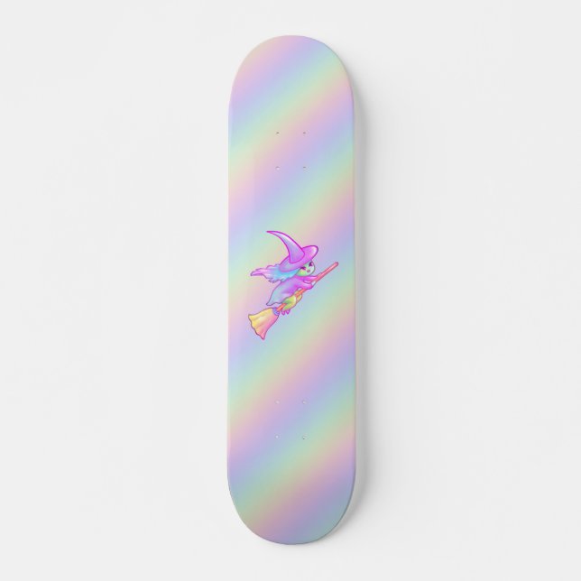 Happy Witch Flying On Broomstick Drawing Skateboard (Front)