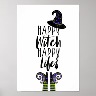 Happy Witch Happy Life White Halloween Witch Poster