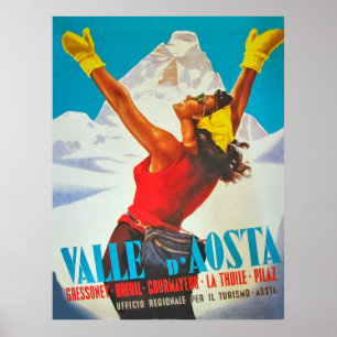 Happy woman on Aosta Valley, Italy. Vintage travel Poster