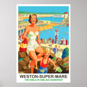 Happy woman on Weston Super Mare Poster