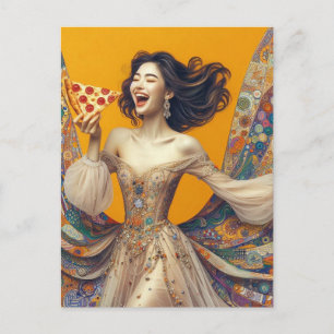 Happy Woman With Pizza Colorful Unique Postcard