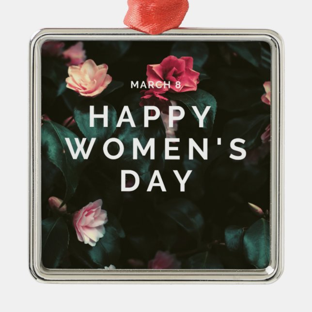 Happy women's day text on floral metal tree decoration (Front)