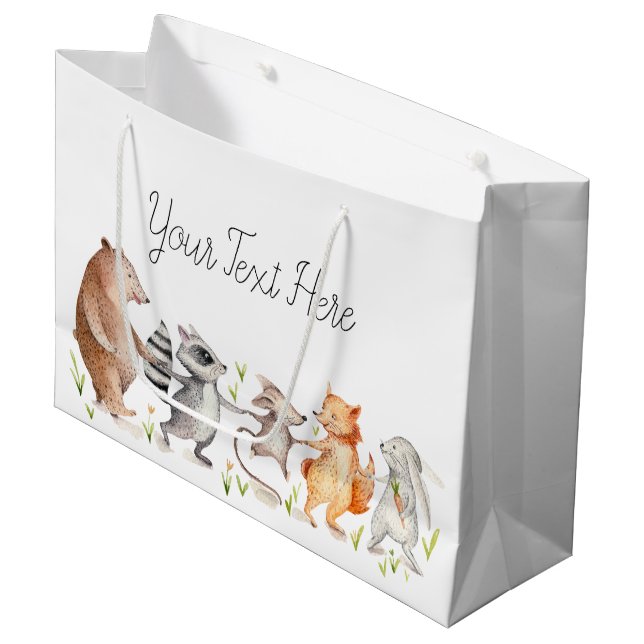 Happy Woodland Friends Baby Shower Large Gift Bag (Front Angled)