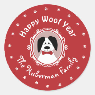 'Happy Woof Year' Cute Dog Christmas  Classic Round Sticker