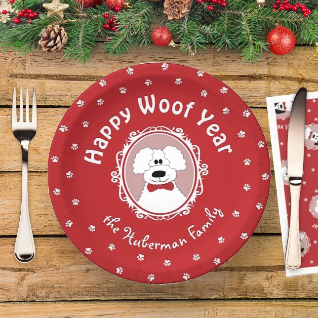 'Happy Woof Year' Poodle with a Bow Tie Paper Plate ('Happy Woof Year' Cute Poodle with a Bow Tie Christmas Paper Plate)