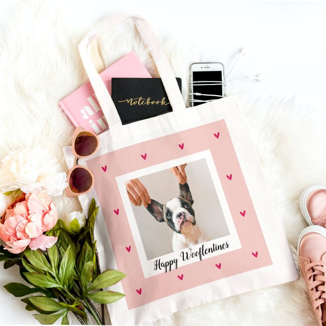 Happy Wooflentines With Dog Photo | Red & Pink Tote Bag (Creator Uploaded)