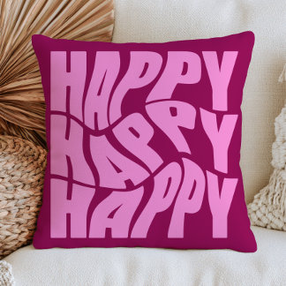 Happy Word in Groovy Fonts Cheerful Dopamine  Cushion