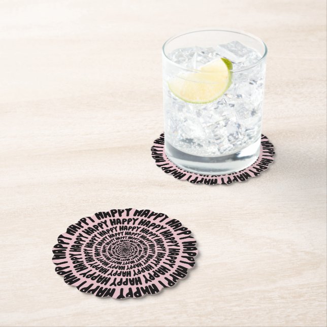 Happy words font spiral concentric circles pink paper coaster (Insitu)