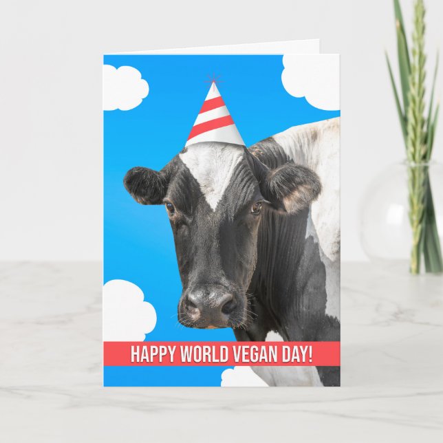 Happy World Vegan Day Cute Cow in Party Hat  Holiday Card (Front)