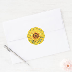 Happy Yellow and Green Sunflower on Polka-Dot Classic Round Sticker