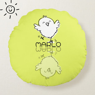Happy Yellow Chick Reflection Doodle Custom Name Round Cushion