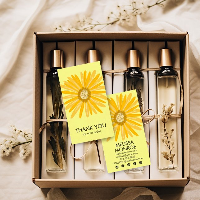 Happy Yellow Daisy Order Thank You Social Icons Business Card (Happy yellow daisy custom thank you note business card with social media icons)