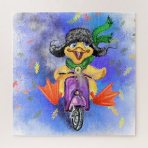 Happy Yellow Duck Drives Purple Scooter - Cartoon Jigsaw Puzzle
