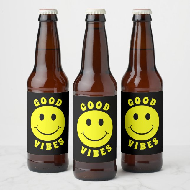Happy Yellow Face Good Vibes Beer Bottle Label (Bottles)
