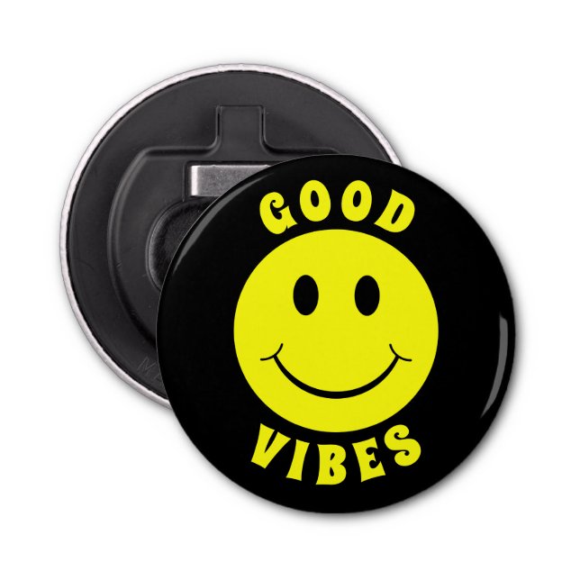 Happy Yellow Face Good Vibes Black Bottle Opener (Front)