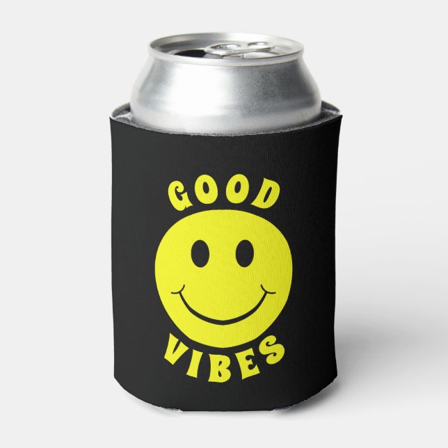 Happy Yellow Face Good Vibes Black Can Cooler (Can Front)