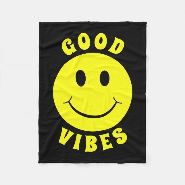 Happy Yellow Face Good Vibes Black Fleece Blanket (Front)
