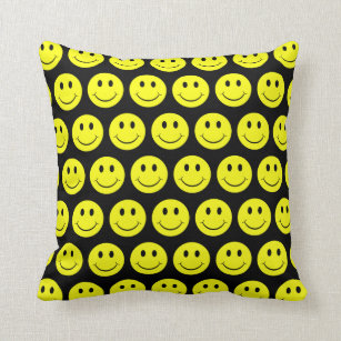 Happy Yellow Faces Pattern Black Cushion