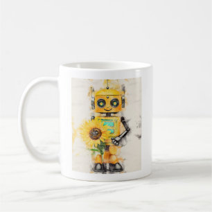 Happy Yellow Robot with Sunflower Coffee Mug