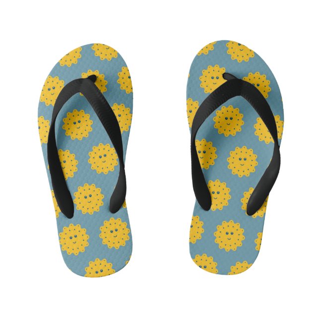 Happy Yellow Sun Pattern on Blue Kid's Jandals (Footbed)