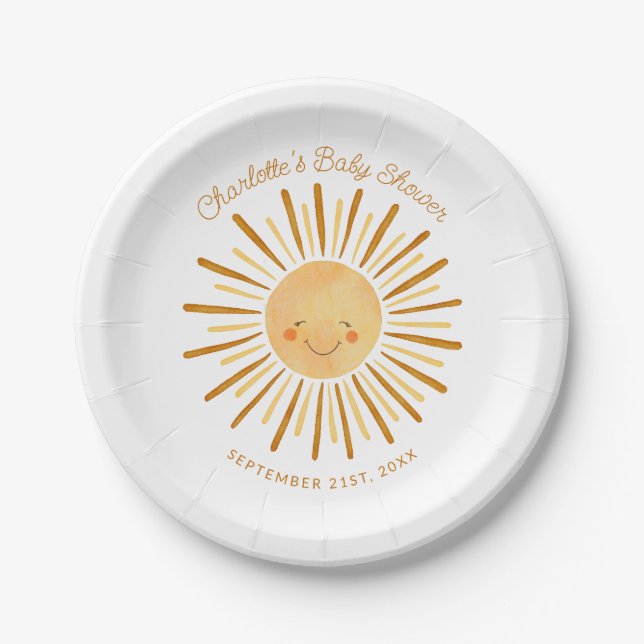 Happy Yellow Sunshine Boho Baby Shower Paper Plate (Front)
