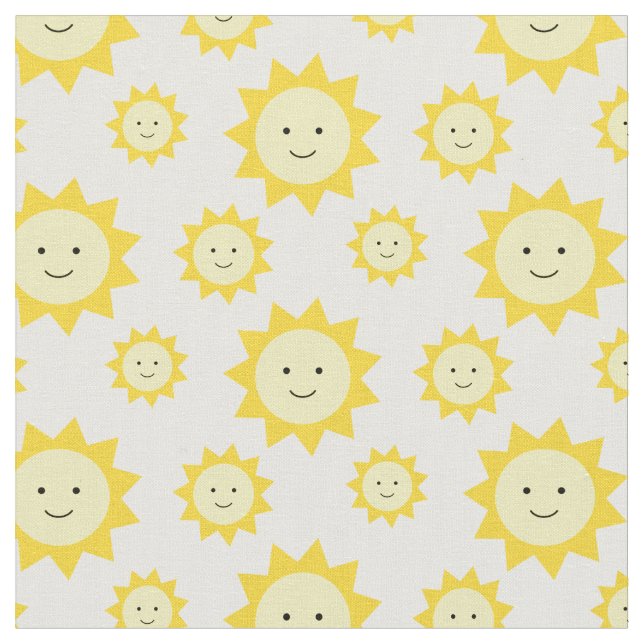 Happy Yellow Sunshine White Background Fabric (Close Up)