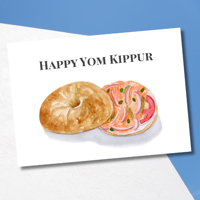 Happy Yom Kippur Watercolor Bagels Smoke Salmon  Card (Creator Uploaded)