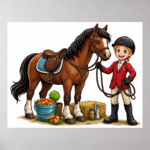 Happy Young Rider With Beautiful Horse Cartoon T-S Poster