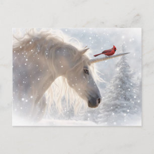 Happy Yule Unicorn and Cardinal Holiday Postcard